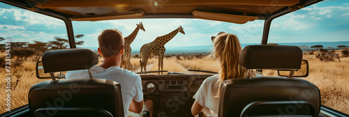 Päarchen sitzt im Auto und beobachtet Giraffen während einer Safaritour in Afrika photo