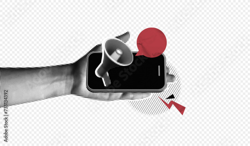 Trendy Halftone Collage Hand Holding Mobile Phone with Megaphone and speech bubble message. Social media communication. New notice on smartphone. Marketing time. Contemporary vector art