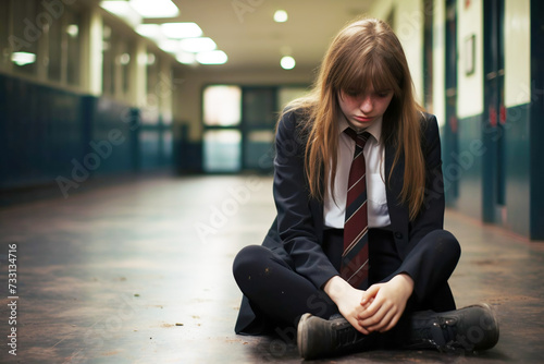 Schoolgirl girl is sitting on the floor of the school corridor and is sad. Bullying problems among teenagers. Transitional age and difficulties in relationships with peers.