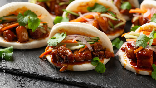Bao buns with pork belly and vegetable. Asian cuisine