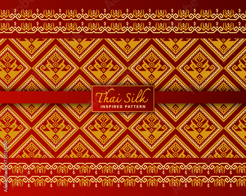 Seamless pattern background. Inspired by traditional North Eastern Thai silk pattern. Color in Red and Gold