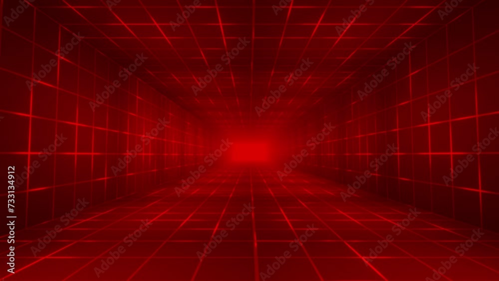 Travelling along an endless green neon grid tunnel