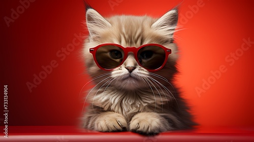 A cute kitten dons a fashionable ensemble and trendy glasses, attracting attention against a vivid red backdrop. Its playful demeanor and modern fashion sense make it effortlessly charming