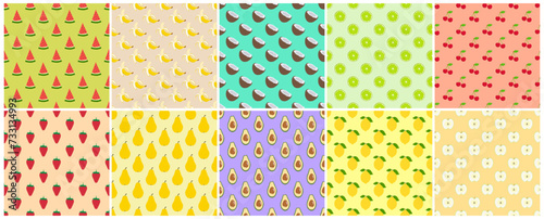 Collection of bright colorful seamless fruits geometric patterns - hand drawn cartoon design. Repeatable summer nature backgrounds. Endless creative prints. Vector illustration