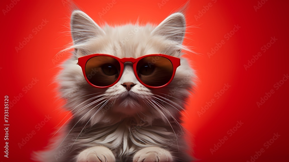 A cute kitten dons a fashionable ensemble and trendy glasses, attracting attention against a vivid red backdrop. Its playful demeanor and modern fashion sense make it effortlessly charming