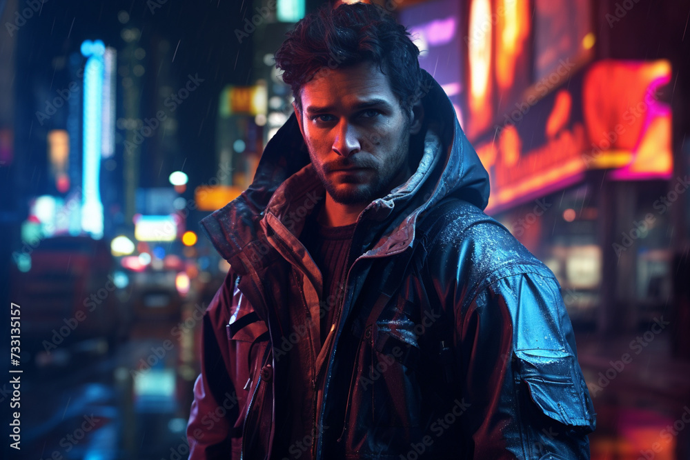 A man in futuristic city gangster look in a cyberpunk neon painting. generated by AI.