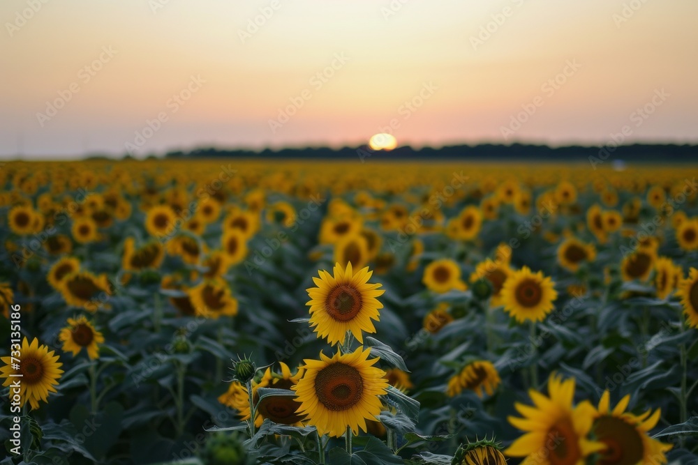 Fototapeta premium A Field of Sunflowers With the Sun Setting in the Background