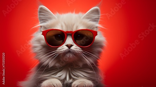 A cute kitten dons a fashionable ensemble and trendy glasses, attracting attention against a vivid red backdrop. Its playful demeanor and modern fashion sense make it effortlessly charming