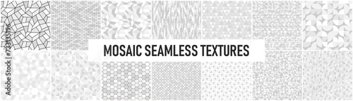 Collection of white and gray seamless decorative mosaic geometric textures. Tile repeatable backgrounds. Endless elegant patterns. Ceramic design photo
