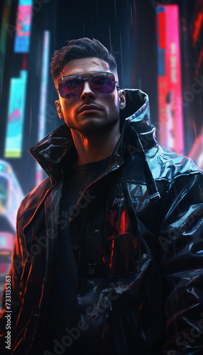 A man in futuristic city gangster look in a cyberpunk neon painting. generated by AI.