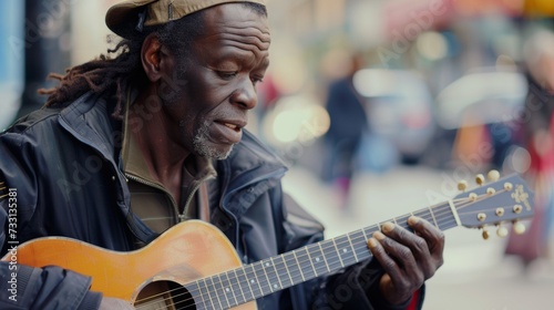 Soulful Street Musician playing Guitar with Passion and Intensity in Vibrant Urban Landscape AI Generated.