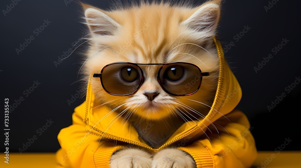 A cute kitty sports a vintage-inspired ensemble, complete with retro glasses and a bowtie, against a solid bright yellow background. Its retro-cool fashion sense and playful expression