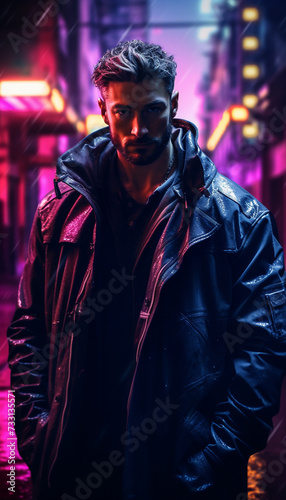 A man in futuristic city gangster look in a cyberpunk neon painting. generated by AI.