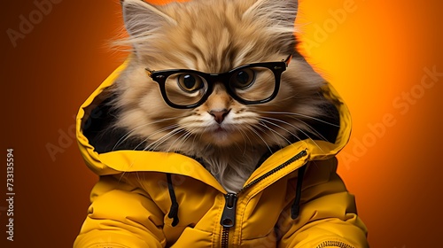 A cute kitty sports a vintage-inspired ensemble, complete with retro glasses and a bowtie, against a solid bright yellow background. Its retro-cool fashion sense and playful expression © ALLAH KING OF WORLD