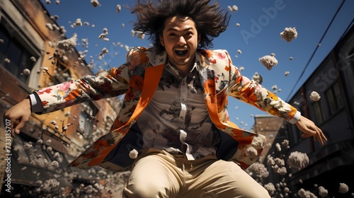 A dynamic capture of a Japanese male model jumping mid-air, taken from a handheld HD camera, capturing his energetic presence and fashion-forward ensemble