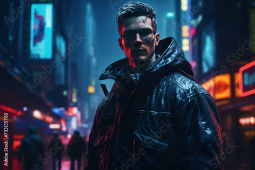 A man in futuristic city gangster look in a cyberpunk neon painting. generated by AI.