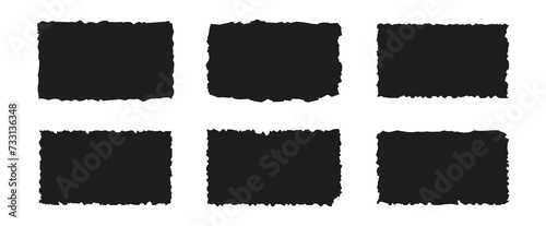 Set of torn paper pieces. Black grunge jagged rectangle frames. Vector torn paper sheet for sticker, collage, banner. Ripped shapes silhouettes isolated on white background