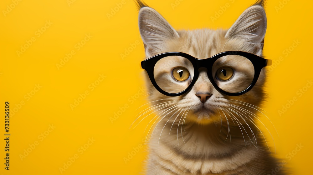 A cute kitten wears a chic ensemble and stylish eyeglasses, showcasing its fashion-forward attitude against a solid bright yellow background. Its adorable appearance and trendy accessories melt hearts