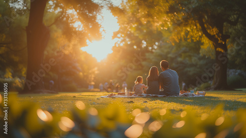 Family picnic in the park at sunset on a blanket