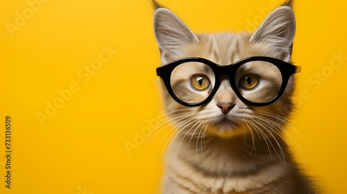 A cute kitten wears a chic ensemble and stylish eyeglasses, showcasing its fashion-forward attitude against a solid bright yellow background. Its adorable appearance and trendy accessories melt hearts ©  ALLAH LOVE