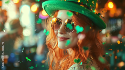 Happy stylish red hair woman celebrating St. Patrick's Day, with a vibrant green leprechaun hat, flying clover confetti. Her wavy hair and round sunglasses add to the festive look