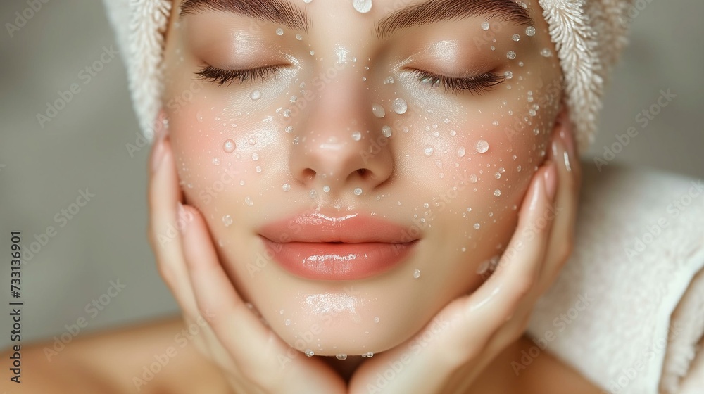 Close-Up of Woman's Face with Fresh Water Droplets - Skincare Hydration and Beauty Concept Close-Up of Woman's Face with Fresh Water Droplets - Skincare Hydration and Beauty Concept