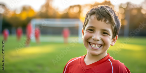 Cheerful ten years old boy in soccer uniform smiling on a backdrop of soccer pitch. Sports and active leisure for young kids.