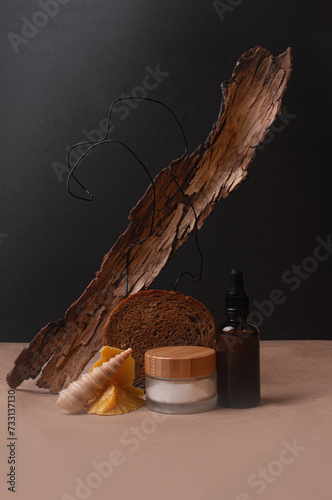 Beautiful still life skin care cosmetic beauty composition, earthy natural ingredients sustainability concept wheat protein