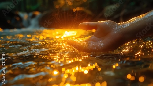 hand gently touching water in river flow
 photo