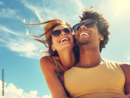 vacation, love and friendship concept - smiling couple having fun over sky background 