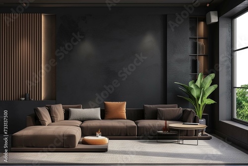 Dark living room interior with black empty
