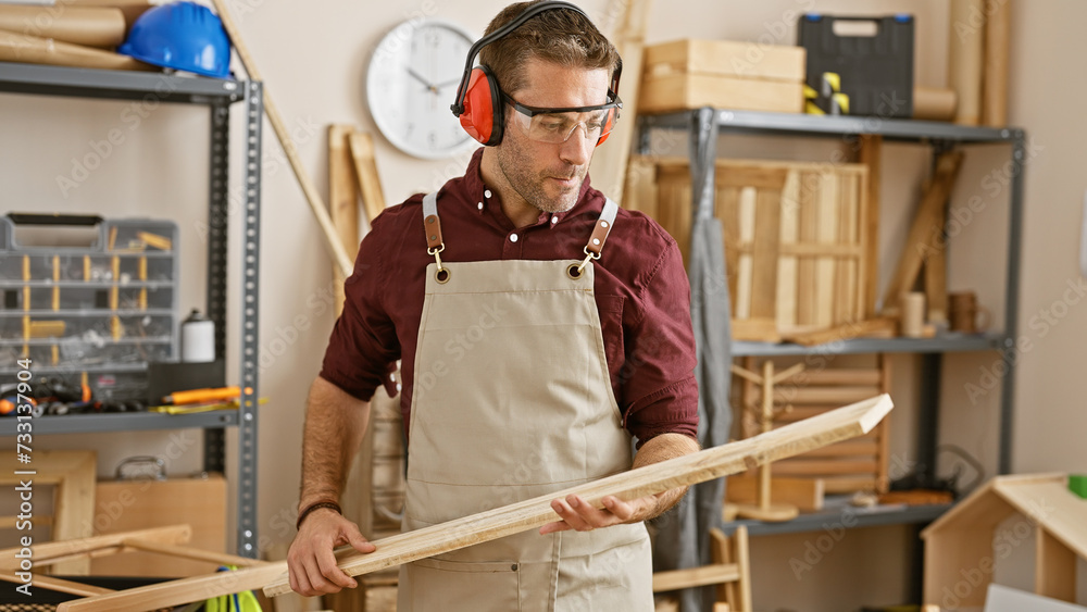 A young hispanic man wearing safety equipment examines lumber in a well-organized carpentry workshop. A young hispanic man wearing safety equipment examines lumber in a well-organized carpentry workshop.