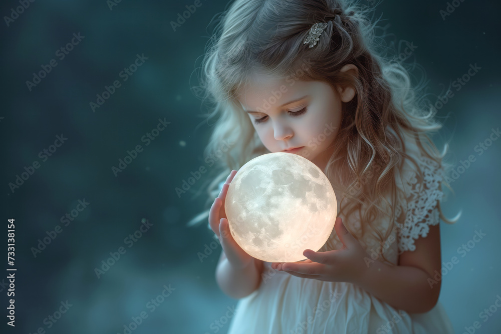 Naklejka premium Cute little girl holding a moon in her hands.