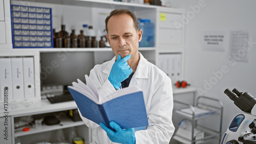 Handsome hispanic middle age man, a serious scientist, engrossed in reading a medical book, deeply concentrating and thinking, working in his laboratory.