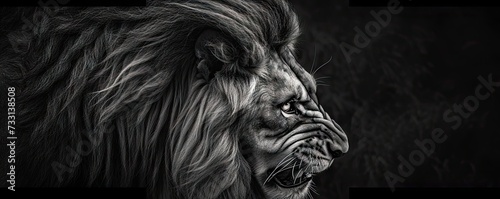 Aggressive lion head detail in black and white color. © Filip