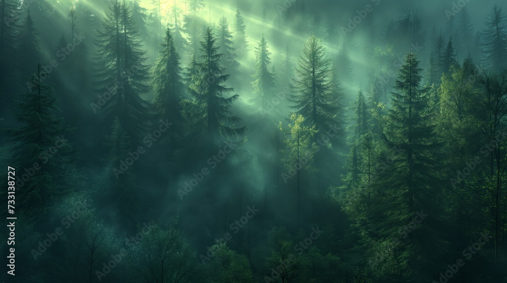 A tranquil forest scene. Evergreen trees shrouded in a misty atmosphere with rays of light filtering through the canopy - obrazy, fototapety, plakaty 