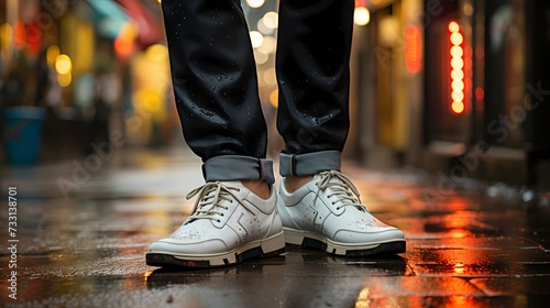 A close-up image of a Japanese male model's stylish footwear as he walks down a fashion-forward street, captured by a handheld HD camera, adding a touch of detail to his overall ensemble