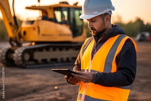 A young construction worker checks the robot using a tablet on the background of construction equipment