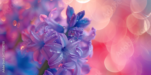 Close-up shot of beautiful purple hyacinth flower blossoming in a garden on sunny day. Hyacinthus blooming in nature, vivid colorful background.