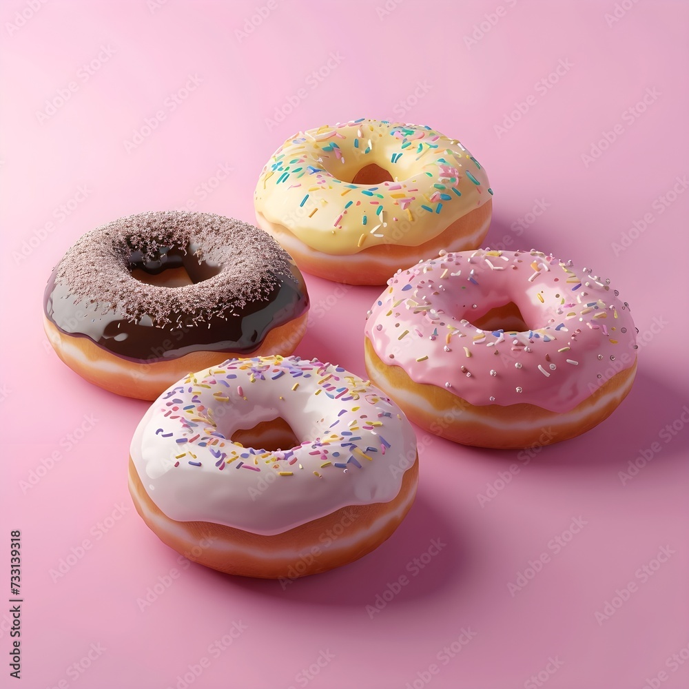 Various decorated doughnuts in motion falling on blue background. Sweet and colourful doughnuts falling or flying in motion.