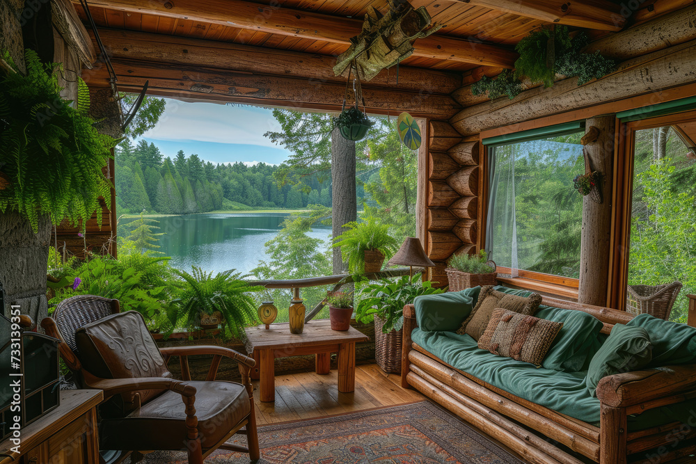 Fototapeta premium log veranda with wooden furniture, many plants and views of the forest lake