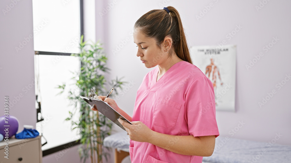 Young female nurse in pink scrubs writing on clipboard in a bright clinic room with anatomical poster in the background. Young female nurse in pink scrubs writing on clipboard in a bright clinic room with anatomical poster in the background.