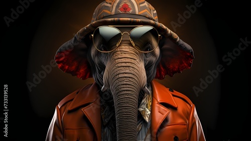 A fashion-forward elephant stands tall in a chic ensemble, complete with a stylish hat and oversized sunglasses. Against a solid background, it showcases its unique flair and modern fashion sense