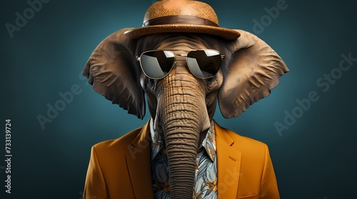 A fashion-forward elephant stands tall in a chic ensemble, complete with a stylish hat and oversized sunglasses. Against a solid background, it showcases its unique flair and modern fashion sense