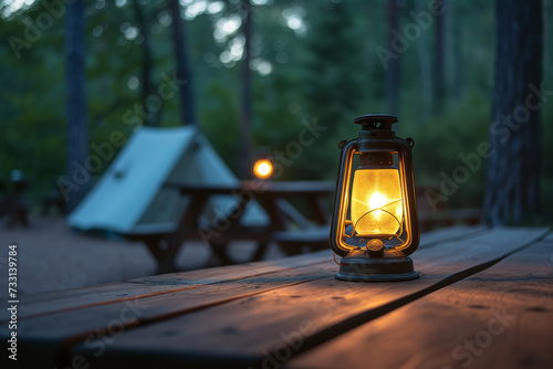 Camping acetylene lantern on wooden table with blurred background in camping area at natural parkland.