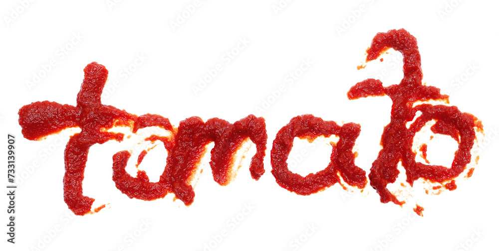 Double concentrated tomato paste in shape word isolated on white, top view Double concentrated tomato paste in shape word isolated on white, top view
