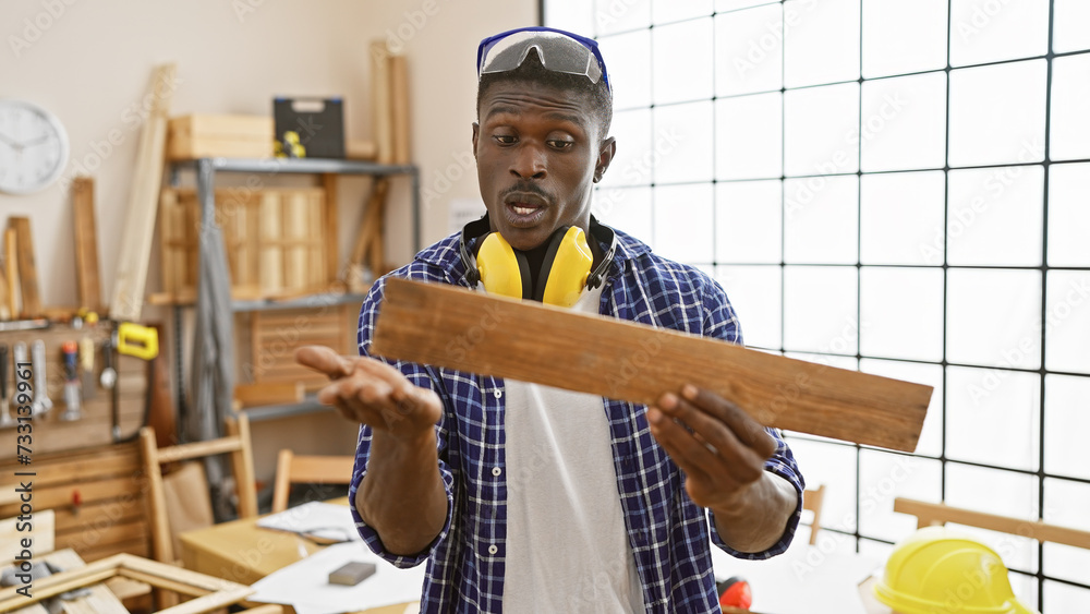African american man examining wood in a carpentry workshop, wearing safety gear. African american man examining wood in a carpentry workshop, wearing safety gear.