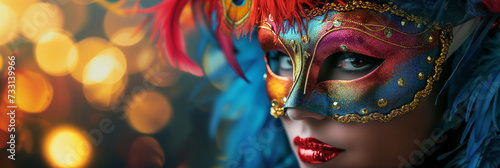 Beautiful young woman with creative make-up wearing multicolored carnival mask with feathers. Girl wearing costume celebrating carnival. Bokeh lights in background. © MNStudio
