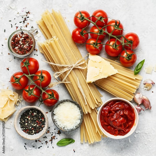 Pasta ingredients background. Pasta, tomato sauce, fresh tomatoes, parmesan, herbs and spices at white kitchen table