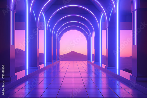 Neon Archway Corridor in Purple and Blue Hues